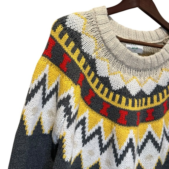 (Sold)Aerie Festive Feels Crewneck Sweater Soft Oversized Fair Isle Gray Small - Picture 3 of 10